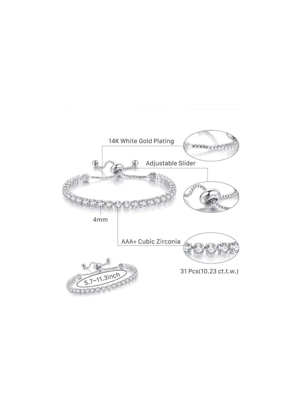 Cubic Zirconia Tennis Bracelet 4mm Adjustable Sparkle Jewelry Fifi’s Closet - Picture 4 of 10